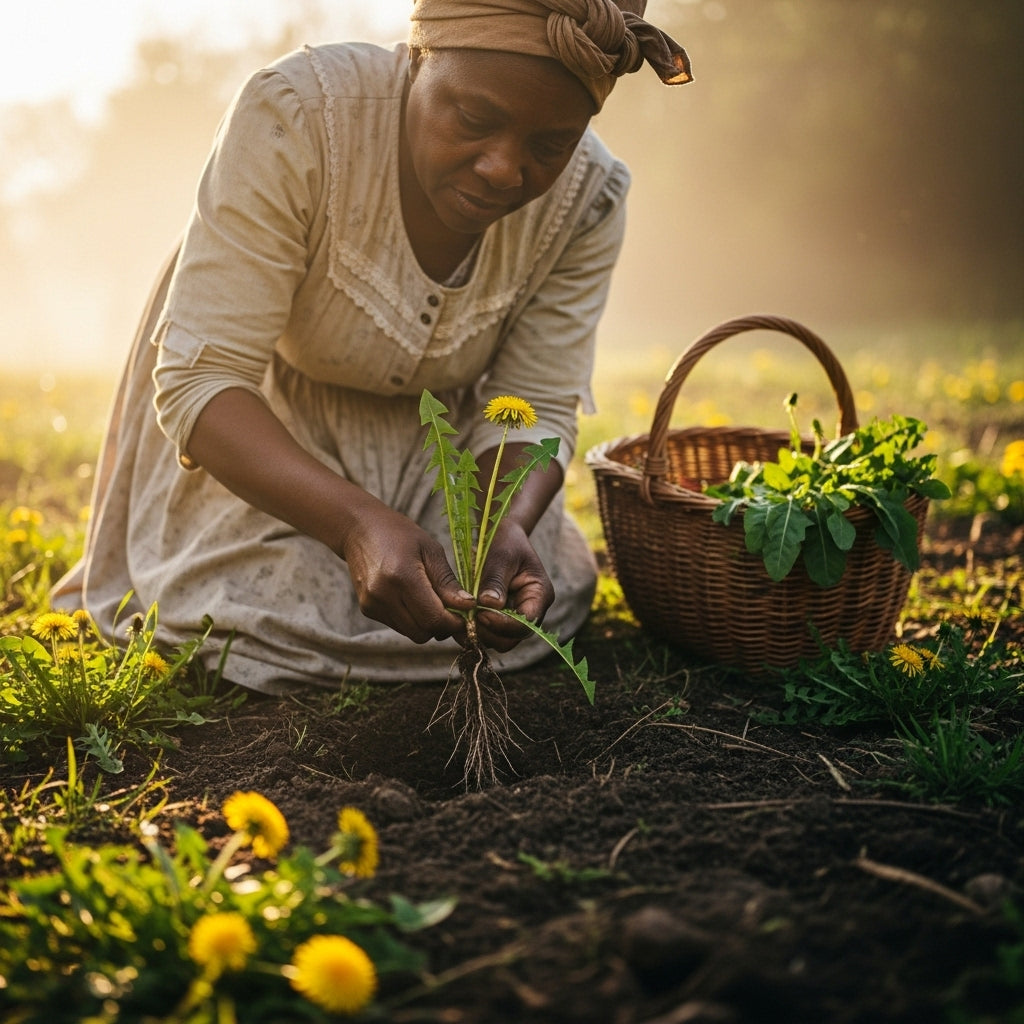 Person harvesting dandelions in a field with a basket nearby